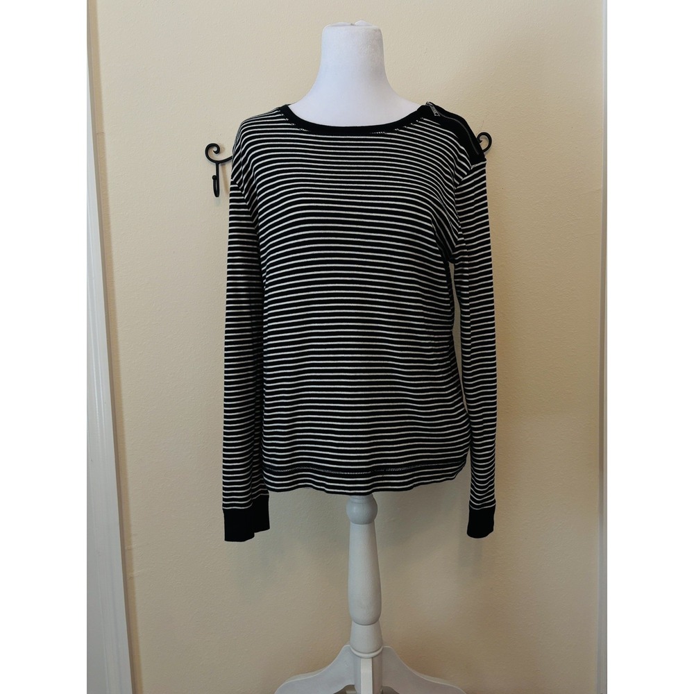 Lauren Ralph Lauren Striped Long Sleeve Top Black White  Zipper Shoulder XL